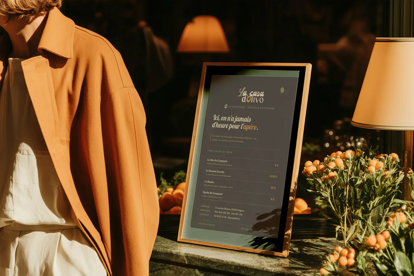 Affiche encadrée du menu La Casa d'Olivo en terrasse