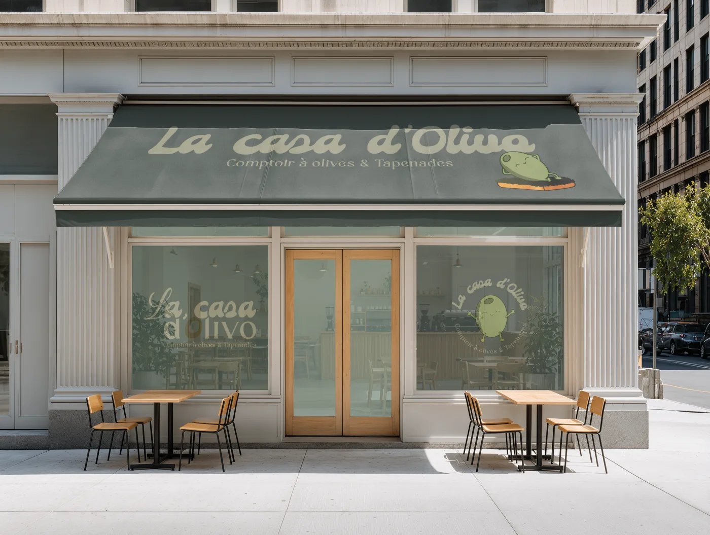 Devanture de La Casa d'Olivo, comptoir à olives et tapenades