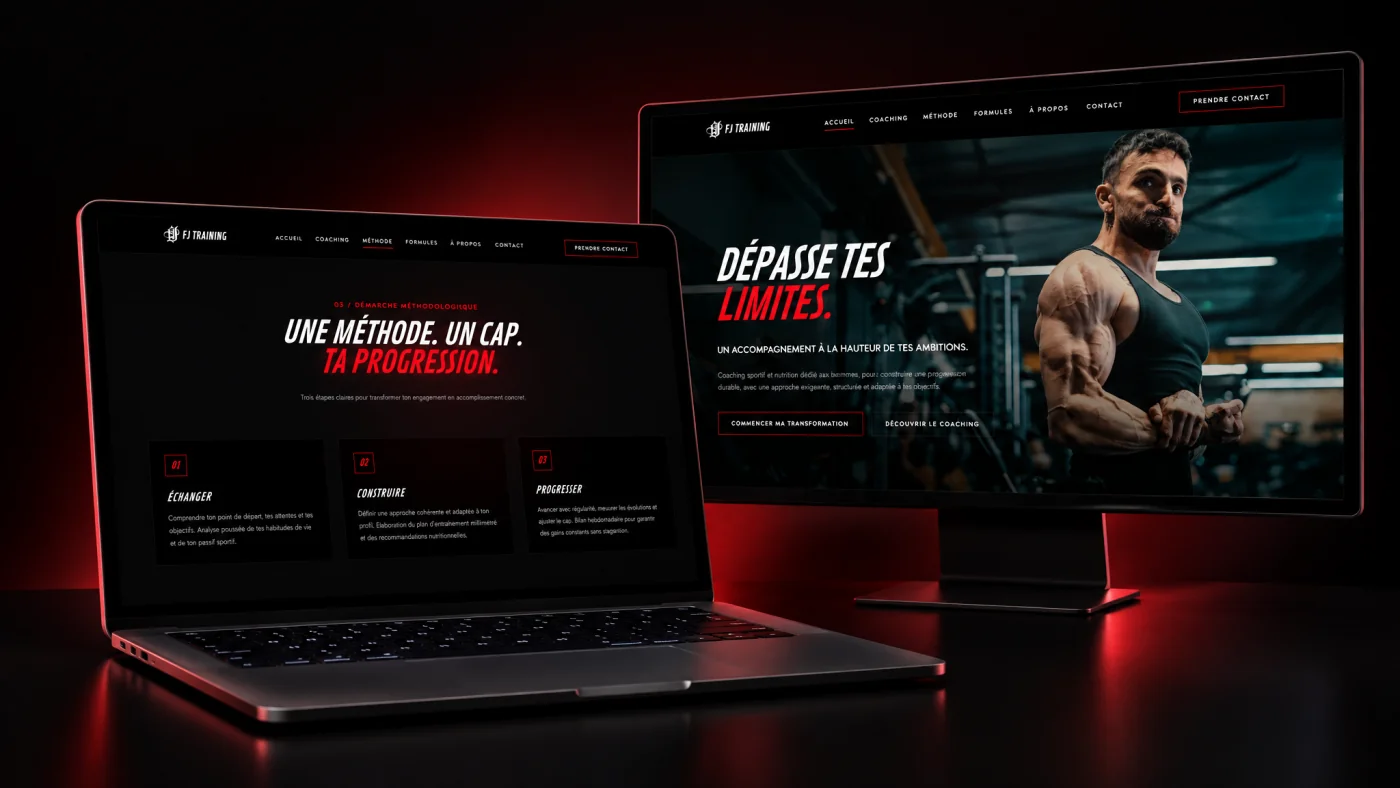 Site web FJ Training, section démarche en trois étapes et page d'accueil